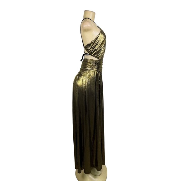 Fashion Nova Womens Gold Metallic Maxi Dress Criss-Cross Back Straps Size XS - Picture 3 of 14